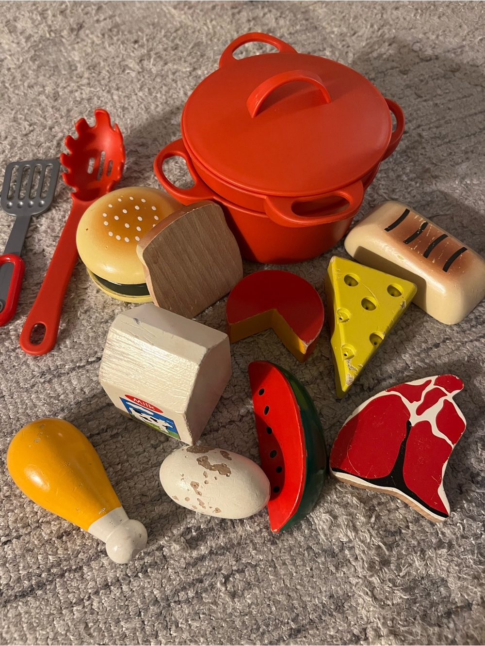 Kids Wooden & Plastic Play Food Set with Red Pot and Utensils